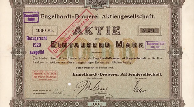 A 1000 Mark share of Engelhardt brewery, 1918