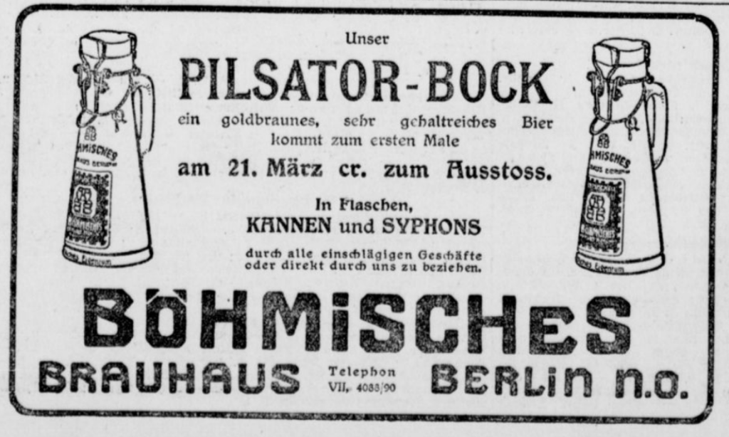 An ad for Böhmisches Brauhaus Pilsator Bock from March 1910.