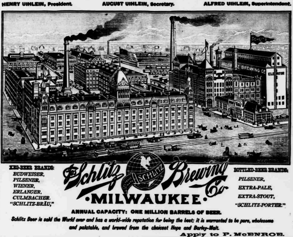 An ad for Schlitz Brewery Milwaukee from 1891, advertising Budweiser, Pilsener, Wiener, Erlanger and Culmbacher, among others.