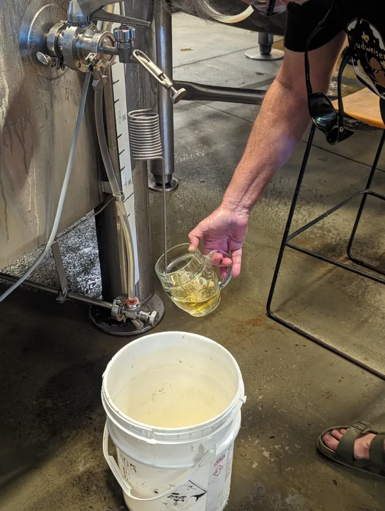 Chip MyElroy pouring Live Oak Pilz directly from a tank into a Tübinger glass. Please note Chip's t-shirt saying "Spudweiser", a potato adjunct lager that they had brewed.