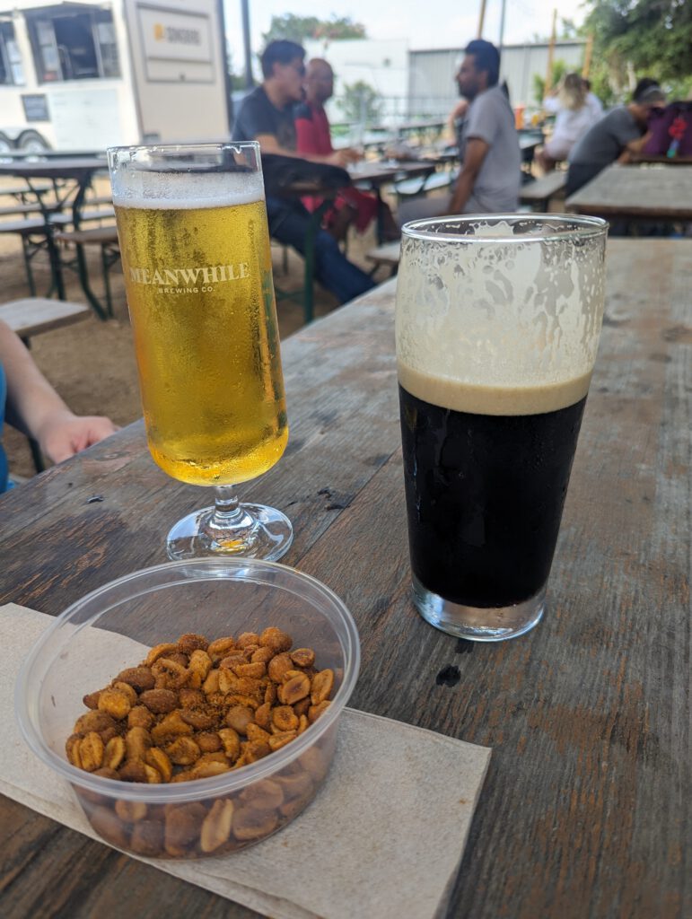 Helles, Nitro Stout and smoked peanuts at Meanwhile Brewing.
