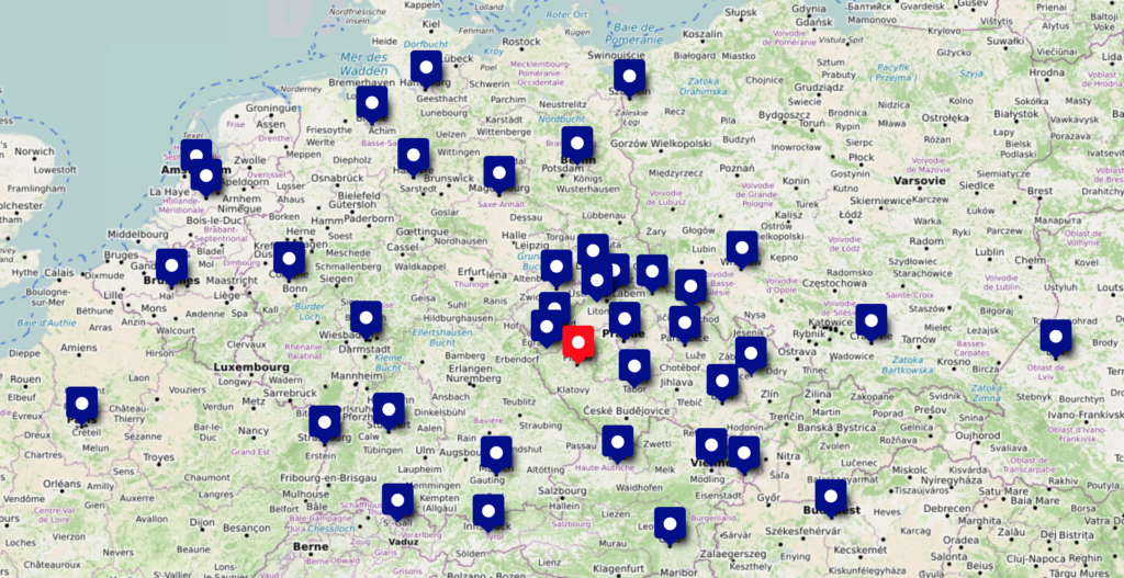 A map of Burghers' Brewery Pilsen's distribution centers across Europe, ca. 1894. Not pictured: Sarajevo, Belgrade