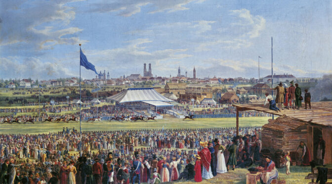 Painting by Heinrich Adam of Oktoberfest, 1824. License: CC BY-SA 4.0 (https://creativecommons.org/licenses/by-sa/4.0/deed.de) Source: https://www.bavarikon.de/object/bav:BSV-OBJ-0000000NYMARG138?lang=de