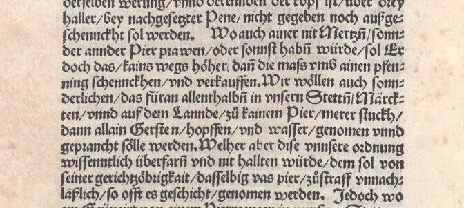 Snippet of the 1516 Reinheitsgebot defining that only barley, hops and water could be used for brewing.
