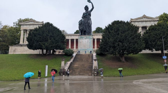 The Bavaria statue at Theresienwiese on a rainy day at Oktoberfest in 2025
