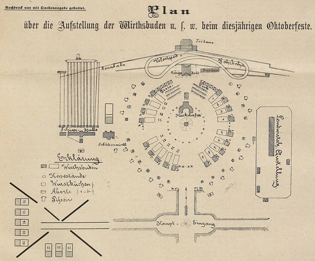 Map with the locations of all the stalls at Oktoberfest 1895, including all beer stalls, cheese stands, sausage stands, toilets and urinals.