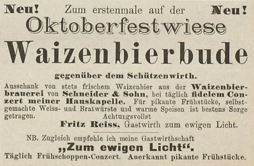 An ad for the "Waizenbierbude" (wheat beer stall) in 1895.