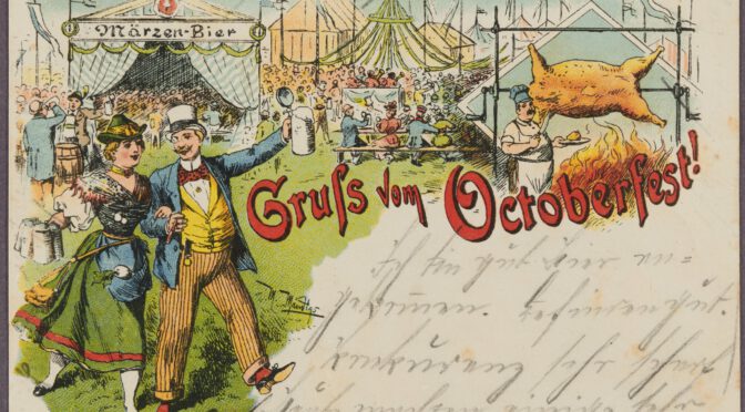 Octoberfest postcard from 1895, showing a visitor carrying a Maß and a waitress with several Maß in the foreground, and tents and lots of visitors in the background. Source: https://www.bavarikon.de/object/bav:MSM-ANS-00000BAV80071541