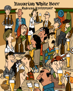 A version of the book cover of Bavarian White Beer, created by David Bailey. It shows happy people sitting on tables in a beer hall, with most people drinking beer in typical Bavarian wheat beer glasses. Some of them also have snacks like pretzels or sausages. There are two cats that look at everyone in a slightly disapproving way.