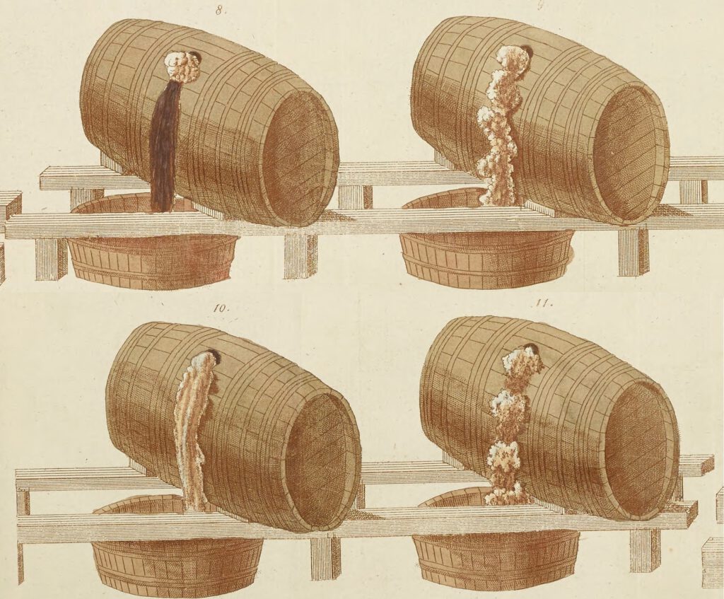 An 1827 illustration showing wooden casks expelling foam during fermentation, so-called Spundgärung, which was common for top-fermented beers at the time.