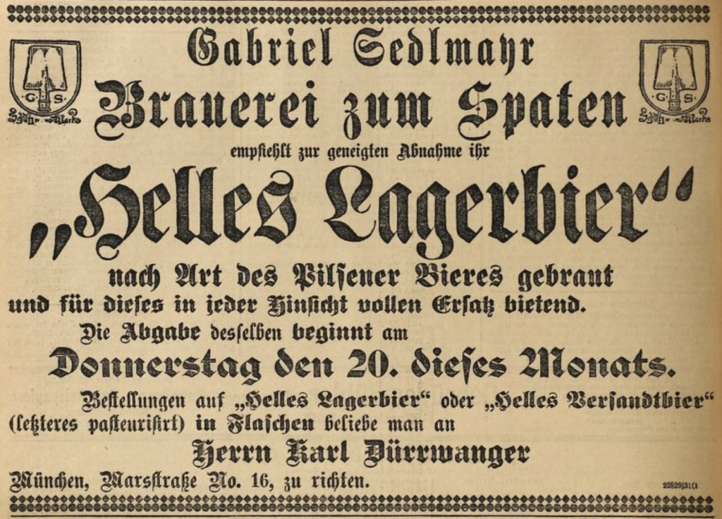 An ad for Spaten Helles Lagerbier that appeared on 20 June, 1895 in Augsburger Postzeitung
