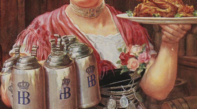 Detail of an image of a waitress carrying grilled chicken and several stoneware mugs of Hofbräuhaus beer. Source: https://www.bavarikon.de/object/bav:MSM-ANS-00000BAV80075138?cq=hofbr%C3%A4uhaus%201950&p=1&lang=de